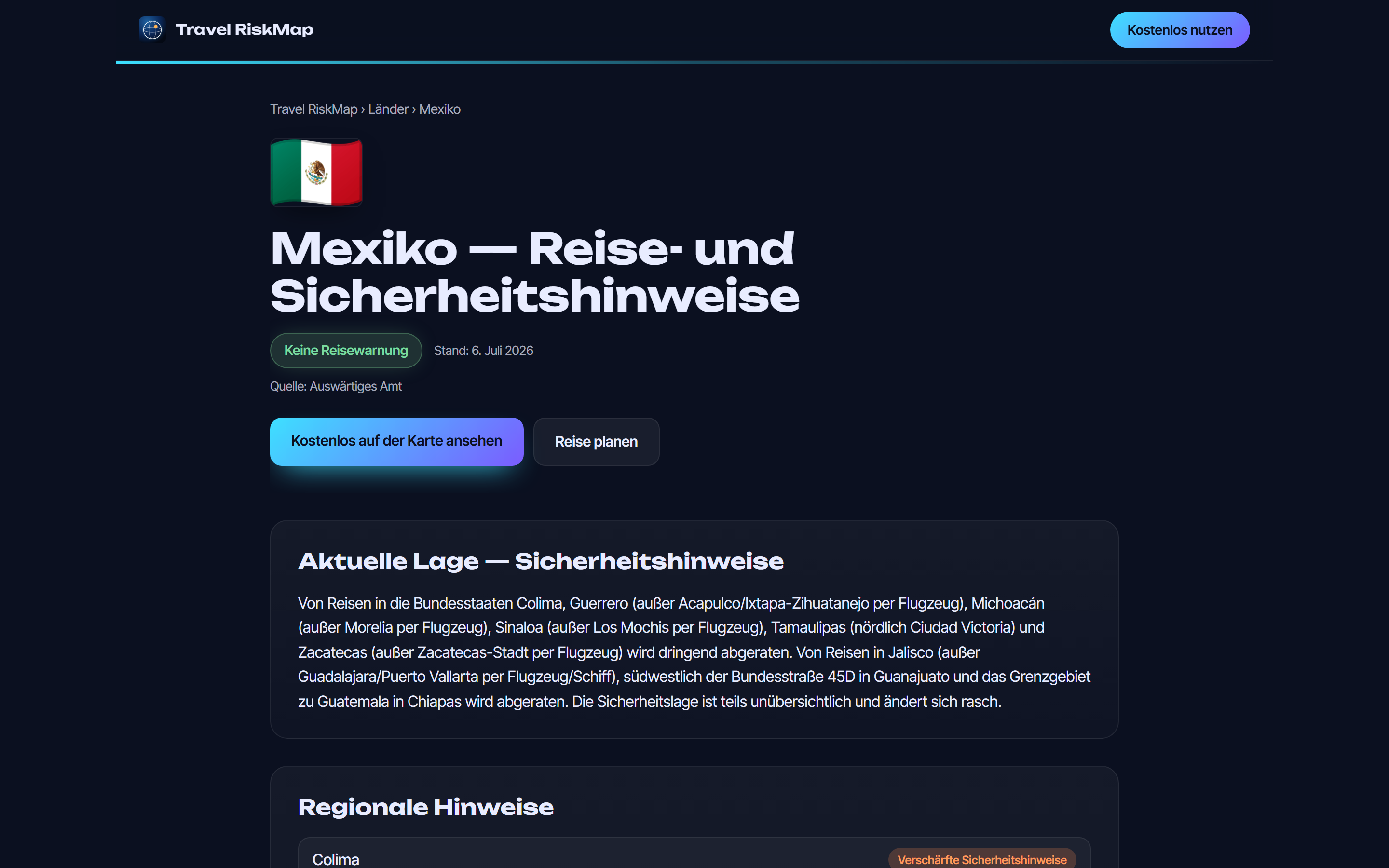 Screenshot einer Länderseite mit Warnstufe, regionalen Hinweisen und Einreise-Informationen