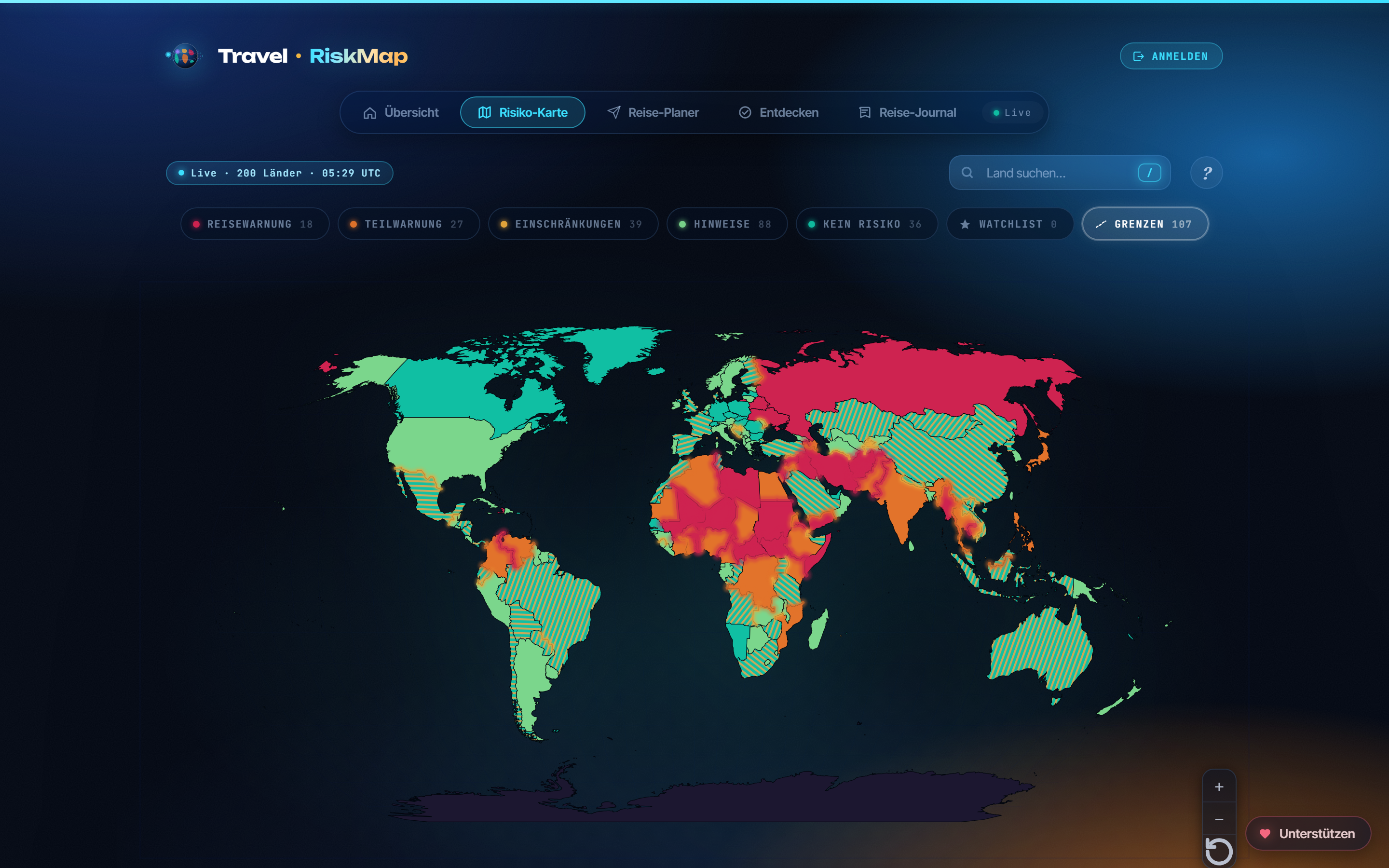 Screenshot der Risiko-Karte: Weltkarte, jedes Land nach Warnstufe des Auswärtigen Amts eingefärbt